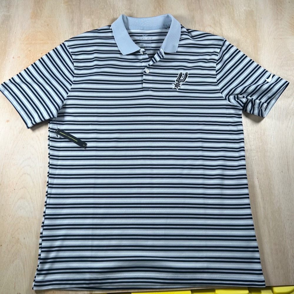 Nike Dri-FIT San Antonio Spurs Polo Shirt Mens Medium Grey Black Striped NWT